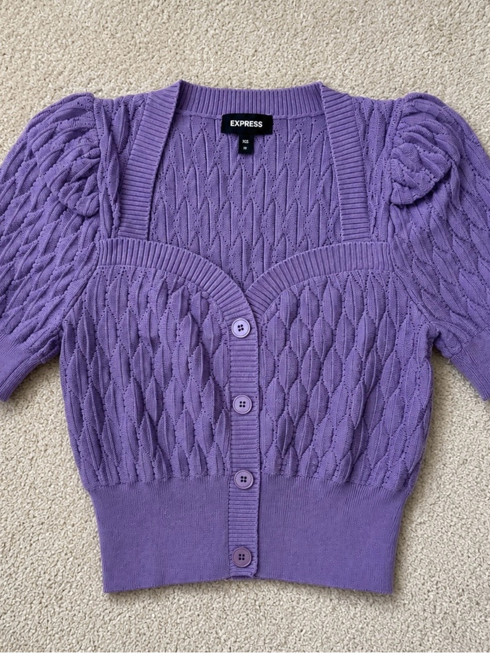 Express Purple Cable-Knit Square Neck Button-Front Cardigan - Picture 4 of 4